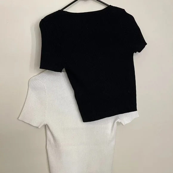 2 Madewell Square-Neck Crop Sweater Tee Black & White Size S - Picture 9 of 9